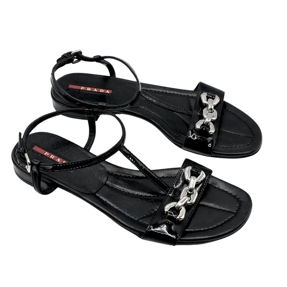 PRADA Black Patent Leather Sandals with‎ Silver Block Chain Detail - Picture 1 of 10
